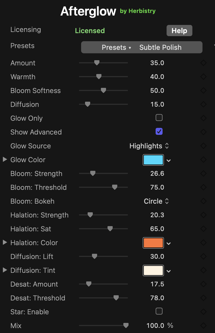 The Afterglow inspector in Final Cut Pro: the 'Afterglow by Herbistry' header, then the Licensing row (showing Licensed, with a Help button) and Presets at the top, then Amount, Warmth, Bloom Softness, Diffusion, Glow Only, Show Advanced, Glow Source, Glow Color, Bloom: Strength, Bloom: Threshold, Bloom: Bokeh, Halation: Strength, Halation: Sat, Halation: Color, Diffusion: Lift, Diffusion: Tint, Desat: Amount, Desat: Threshold, Star: Enable, and Mix.