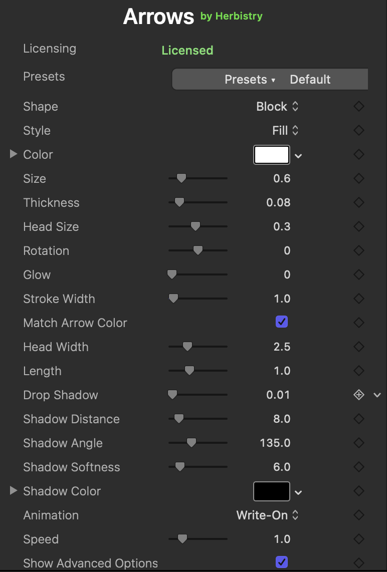 The Arrows inspector in Final Cut Pro, showing the Licensing and Presets rows at the top, then Shape, Style, Color, Size, Thickness, Head Size, Rotation, Glow, Stroke Width, Match Arrow Color, Head Width, Length, the Drop Shadow group, Animation, Speed, and Show Advanced Options.