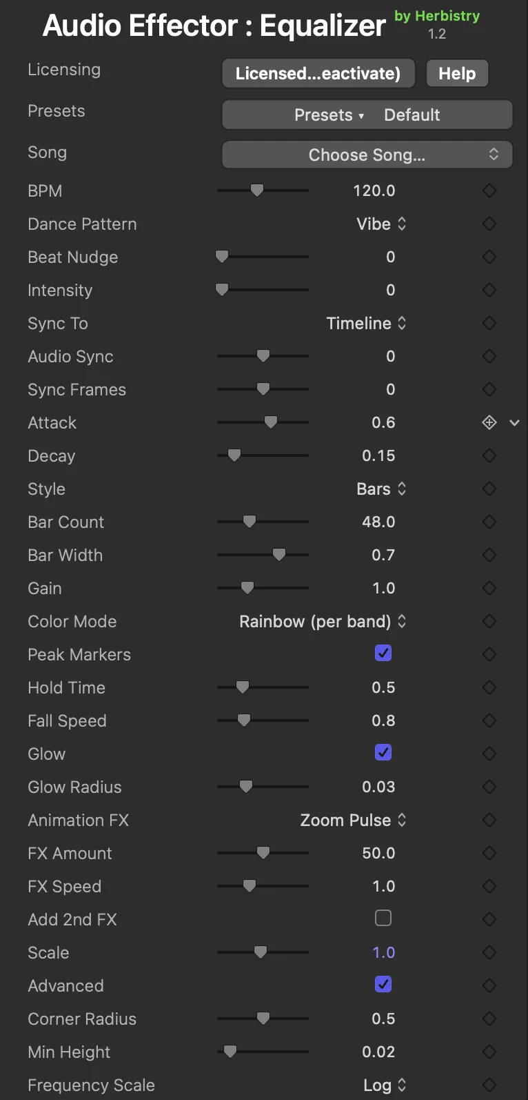 The inspector with no song loaded: the Song row reads Choose Song, and BPM and Dance Pattern are showing, then Beat Nudge, Intensity, Sync To, Audio Sync, Sync Frames, Attack, Decay, and the rest of the controls down to Frequency Scale.