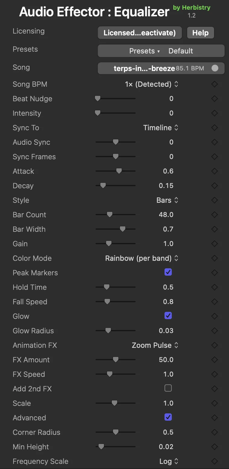 The inspector with a song loaded: the Song row shows the loaded song and its detected tempo, and Song BPM takes the place of BPM and Dance Pattern, then Beat Nudge, Intensity, Sync To and the rest of the controls down to Frequency Scale.