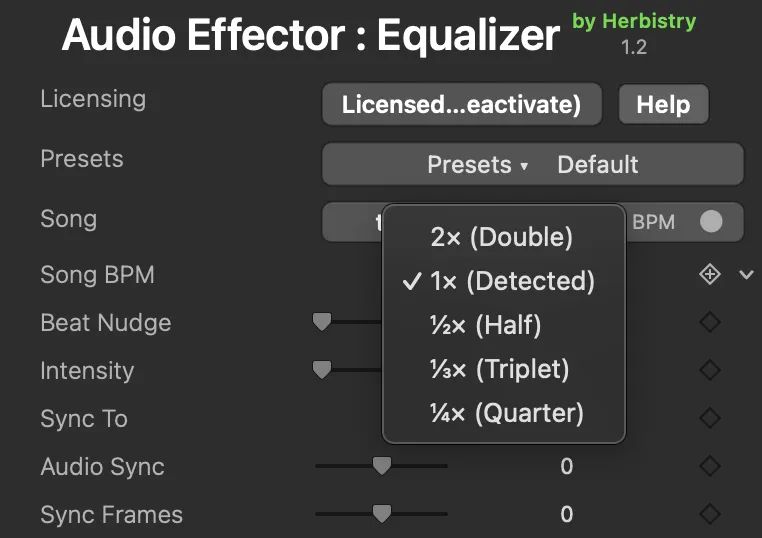 The Song BPM popup open with a song loaded, showing its five choices: 2× (Double), 1× (Detected) with a checkmark, ½× (Half), ⅓× (Triplet), and ¼× (Quarter).