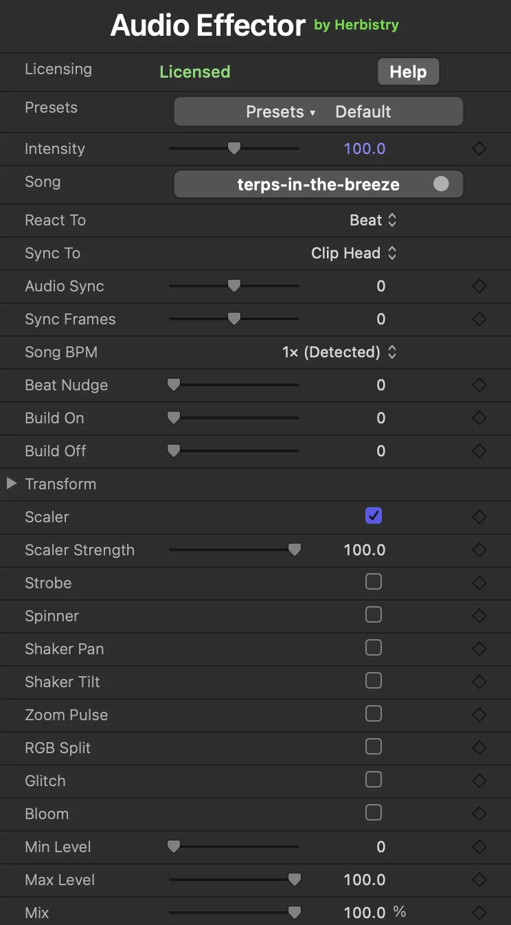 The Audio Effector inspector with a song loaded: the 'Audio Effector by Herbistry' header, then the Licensing row (Licensed, with a Help button), Presets, Intensity, Song, React To, Sync To, Audio Sync, Sync Frames, Song BPM, Beat Nudge, Build On, Build Off, the collapsed Transform group, Scaler and Scaler Strength, Strobe, Spinner, Shaker Pan, Shaker Tilt, Zoom Pulse, RGB Split, Glitch, Bloom, Min Level, Max Level, and Mix.