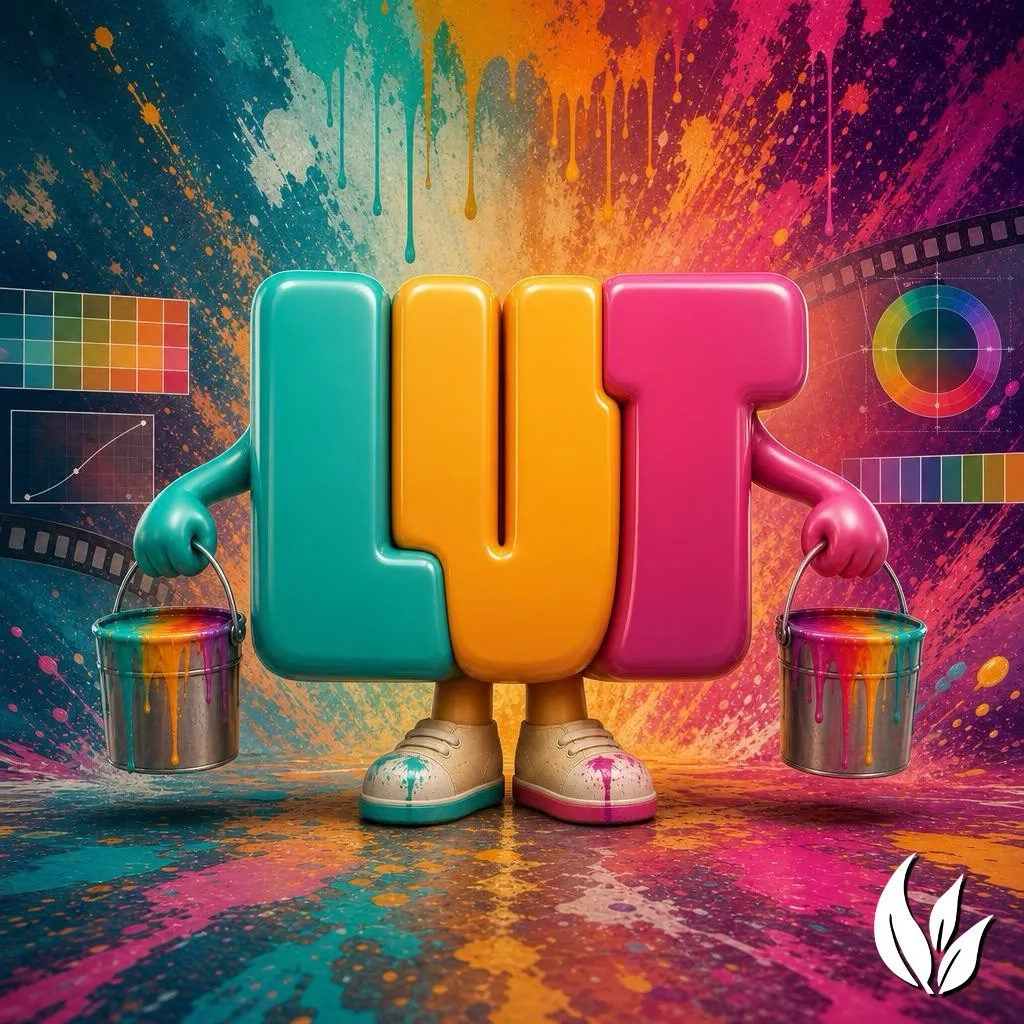Herbistry LUT Loader artwork: a glossy 3D character built from the letters L, U, and T, wearing sneakers and holding a paint bucket in each hand, standing in front of a color-splashed backdrop with a color wheel, waveform curve, and film strip