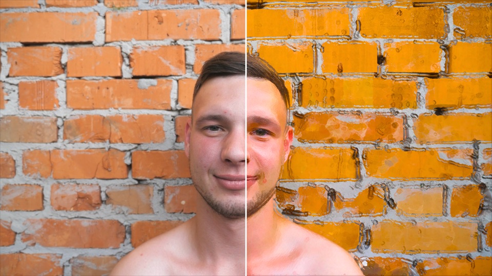 Breathing Walls look on a man in front of a brick wall, original on the left