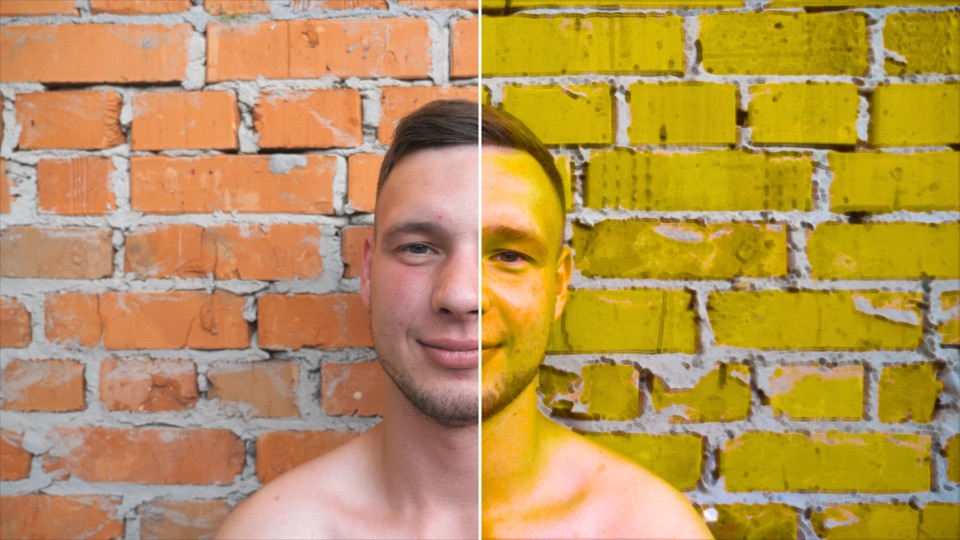 Color Bleed look on a man in front of a brick wall, original on the left