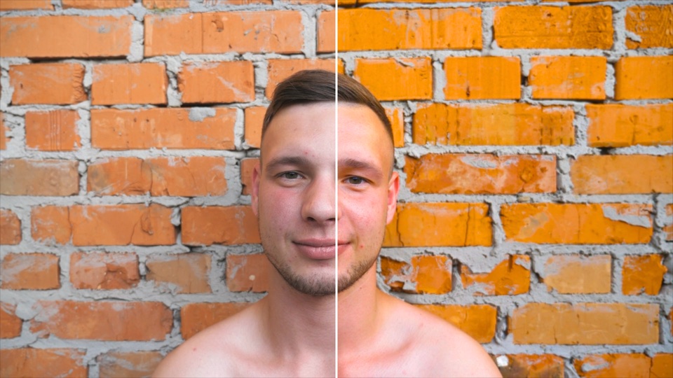 Microdose look on a man in front of a brick wall, original on the left