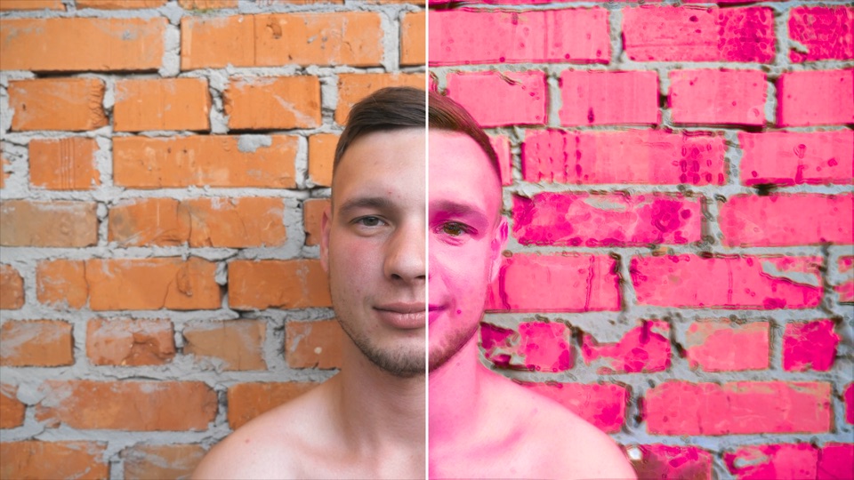 Peak look on a man in front of a brick wall, original on the left