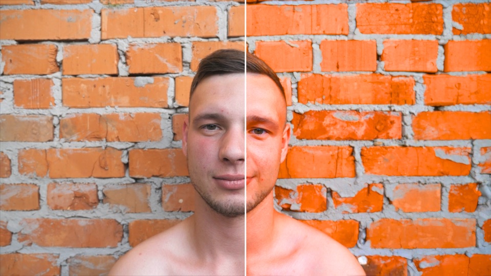 Plateau look on a man in front of a brick wall, original on the left