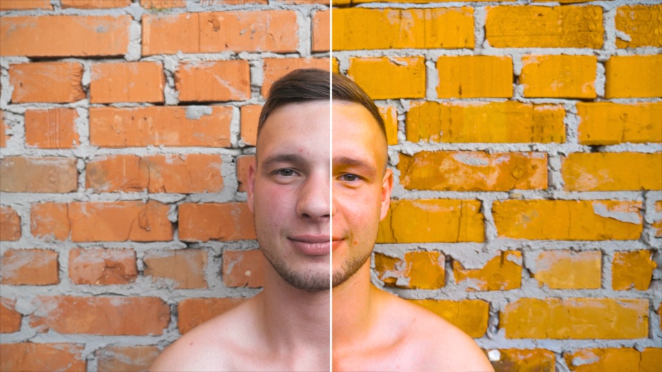 Threshold look on a man in front of a brick wall, original on the left