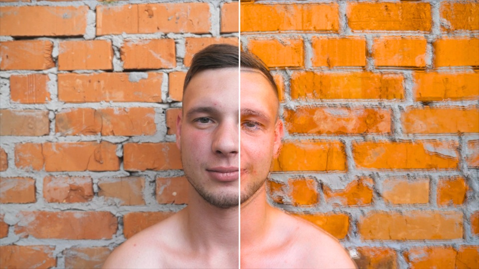 Tracers look on a man in front of a brick wall, original on the left