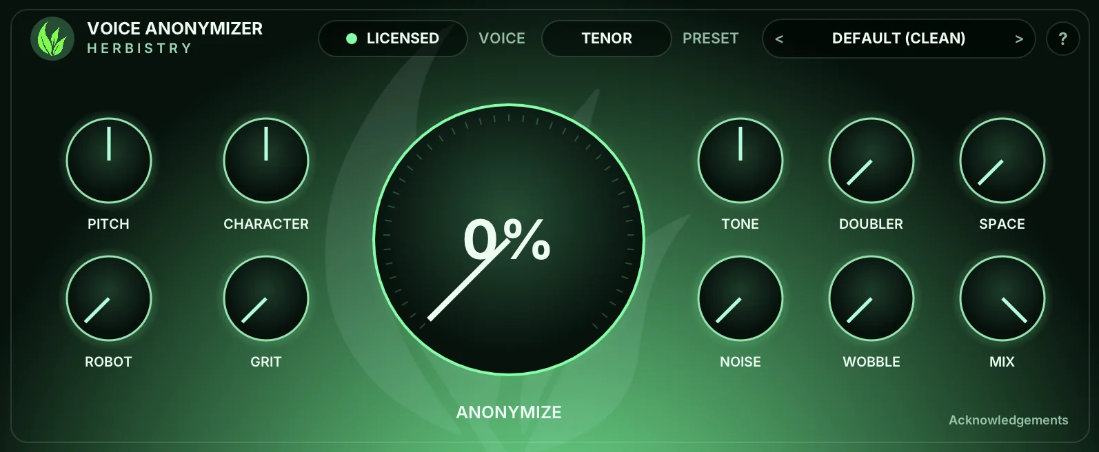 The Voice Anonymizer plugin window: the Herbistry leaf and VOICE ANONYMIZER name, a LICENSED pill, the Voice selector set to Tenor, the Preset selector on Default (Clean), and a help button across the top; four dials on the left, a large central Anonymize dial at 0%, six dials on the right, and an Acknowledgements link in the bottom-right corner